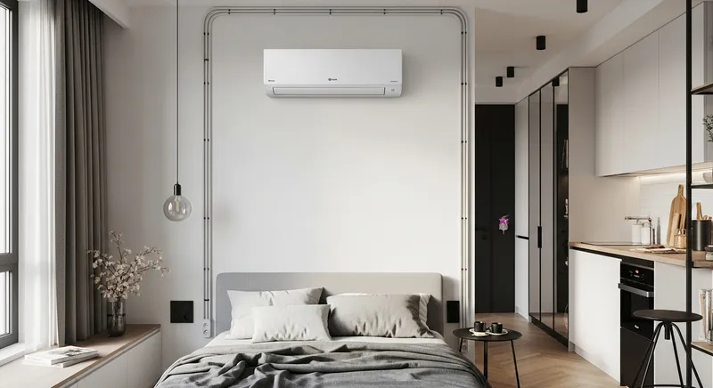 Инверторный кондиционер LG в студии ЖК «Алые Паруса», Москва — скрытый монтаж со штроблением стен для прокладки трассы