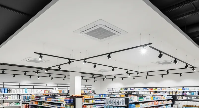 Кассетный кондиционер Gree в подвесном потолке торгового зала, Москва — фасадные работы и монтаж наружного блока на крыше