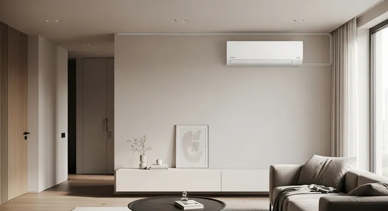 Монтаж настенной сплит-системы Daikin FTXB в гостиной ЖК «Пресненский», Москва — чистая установка без видимых коммуникаций