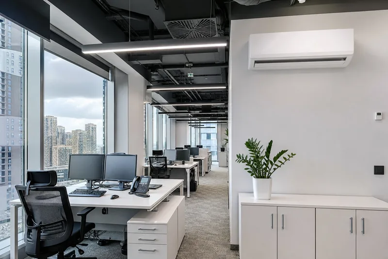 Установка инверторной сплит-системы Mitsubishi Electric в офисе на Тверской, Москва — двухэтапный монтаж с закладкой трассы