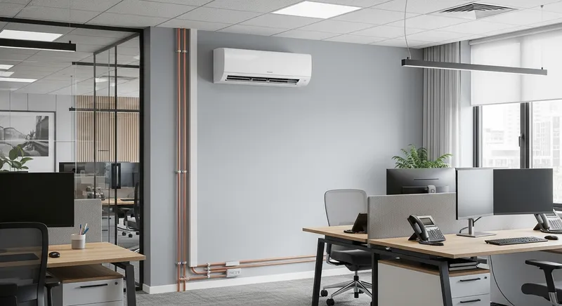 Установка инверторной сплит-системы Mitsubishi Electric в офисе на Тверской, Москва — двухэтапный монтаж с закладкой трассы